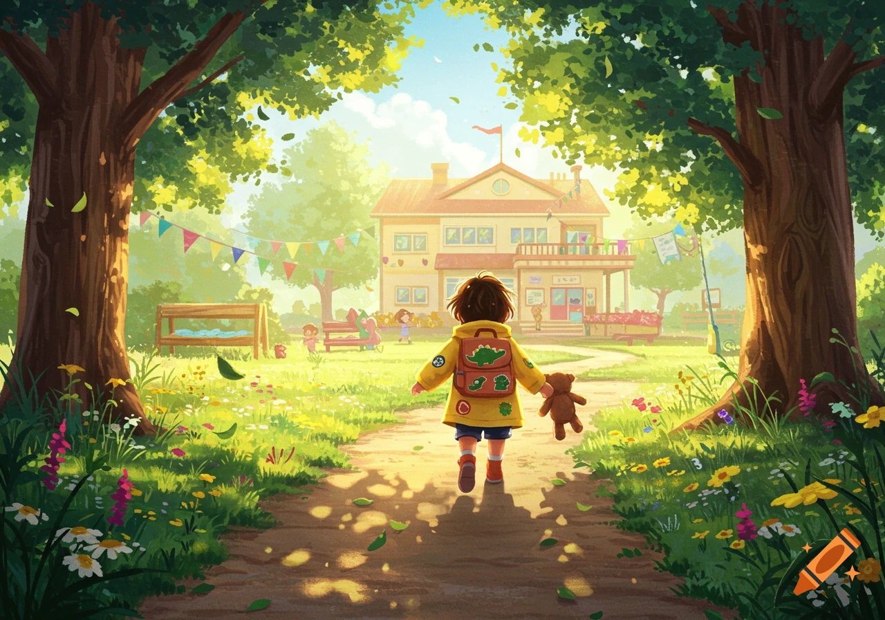 A child with a backpack and teddy bear walks down a path towards a sunlit kindergarten building surrounded by trees and flowers in an illustration.