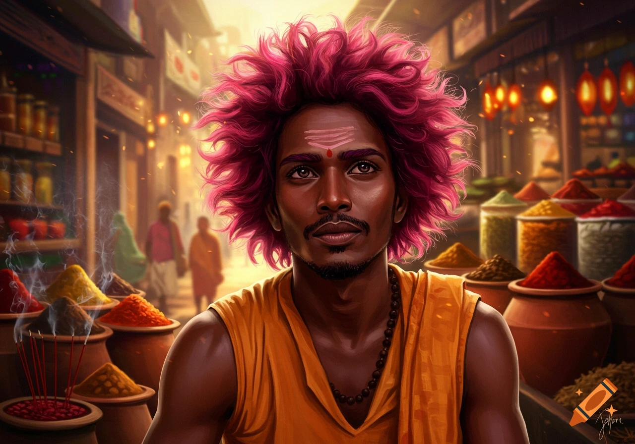 A photorealistic portrait of an Indian man with pink spiky hair, brown skin, and an orange tunic, in a vibrant market with colorful spices.