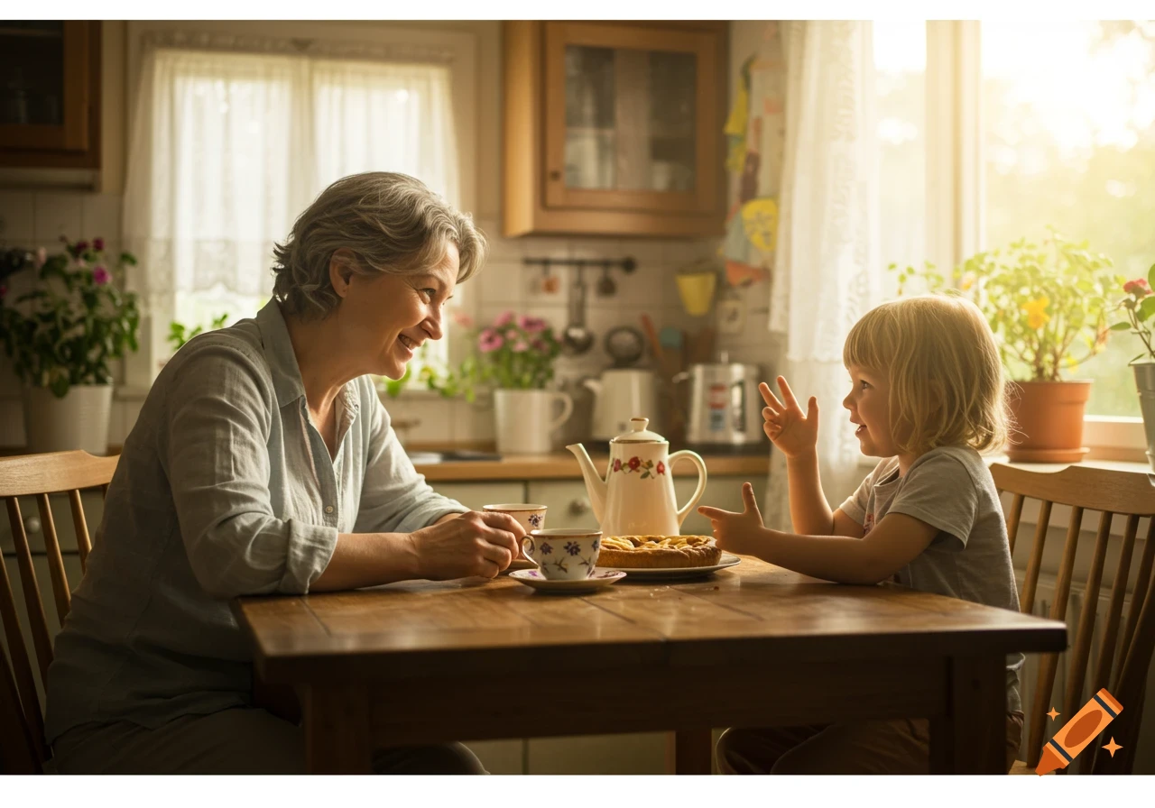 An adult woman and a child smiling and talking while sitting at a kitchen table with tea and a pie.