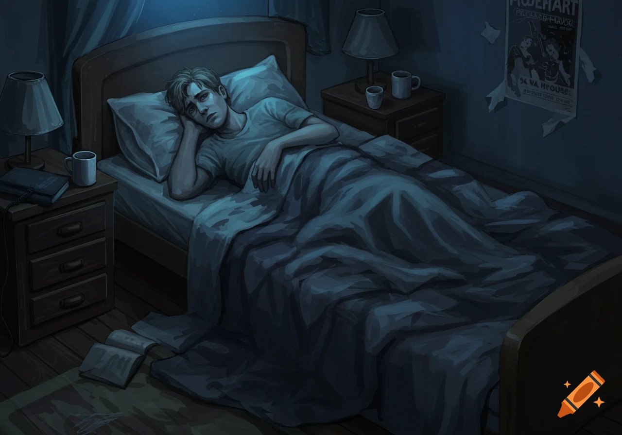 A man with short blonde hair lies on his side in bed, looking sad or depressed, in a dark, moody bedroom.