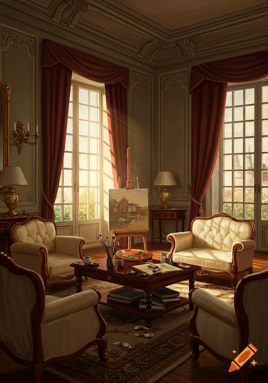 An elegant, sunlit salon with an easel holding a painting, plush chairs, and art supplies on a coffee table.