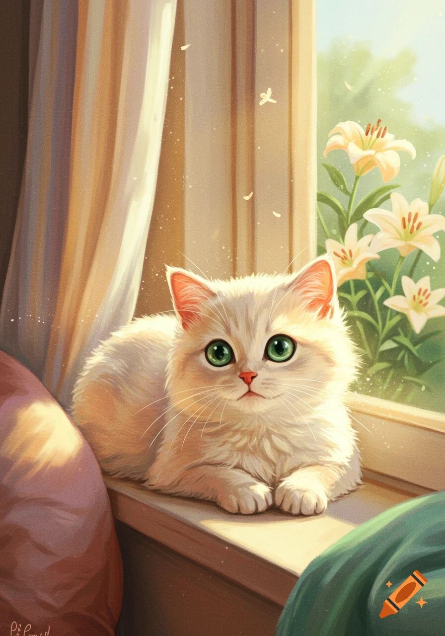 A fluffy white cat with large green eyes sits on a sunlit windowsill next to white lilies and a curtain.