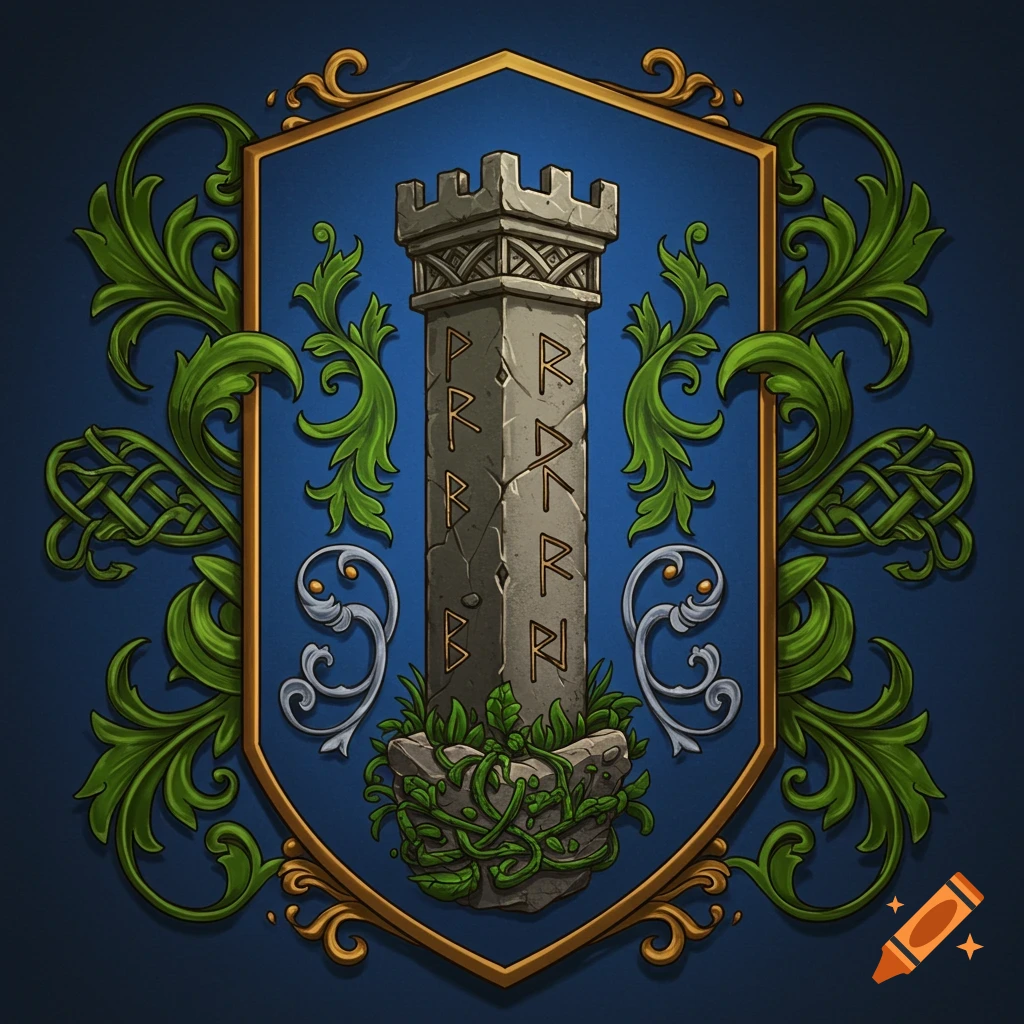 A coat of arms featuring a stone pillar with dwarven runes in the center, surrounded by ornate blue and green foliage on a shield.