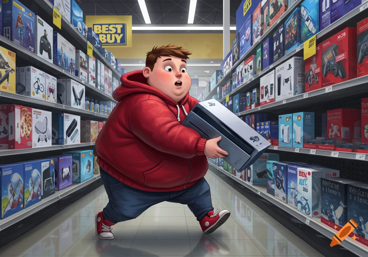 A cartoonish fat boy in a red hoodie and jeans is running through a Best Buy store aisle, carrying a PlayStation 5 console.