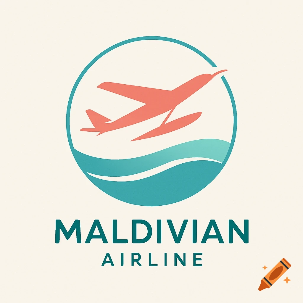 Minimalist logo for Maldivian Airline, featuring an orange seaplane over teal waves within a teal circle, on an off-white background.
