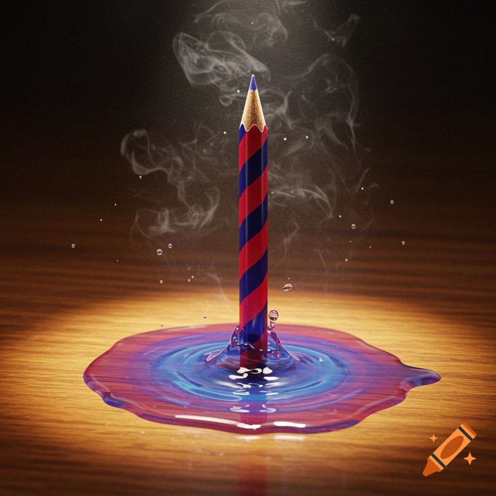 A striped red and blue pencil stands upright in a puddle of swirling red and blue liquid on a wooden surface, with smoke rising.