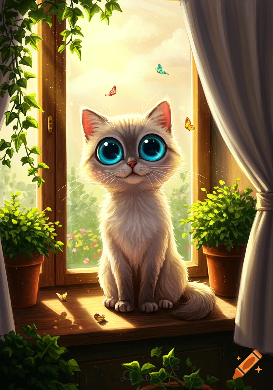 A cute, big-eyed cat sits on a sunny windowsill surrounded by plants and butterflies in a vibrant, stylized illustration.