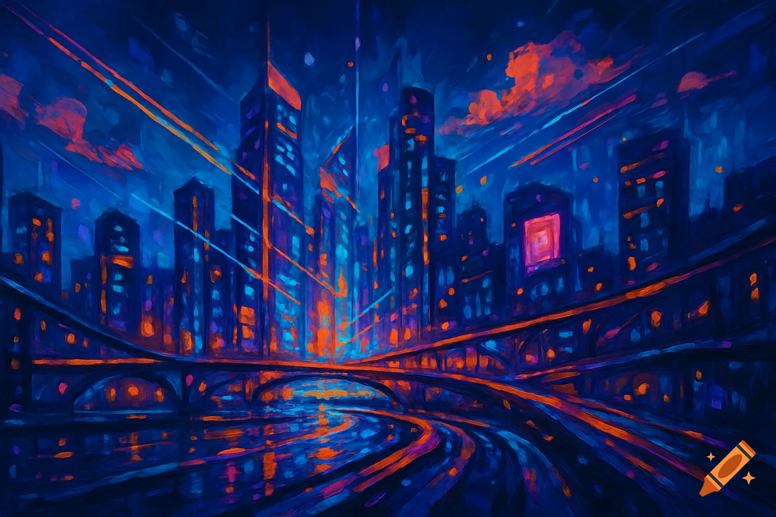 Abstract painting of a city at night with illuminated buildings, a bridge, and reflections on the water, in blue and orange.