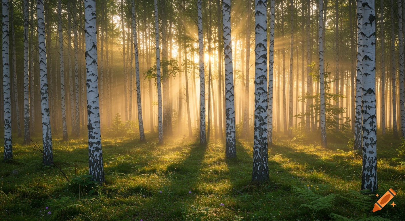 Golden sunlight filters through a misty birch forest at sunrise, illuminating the lush green forest floor.