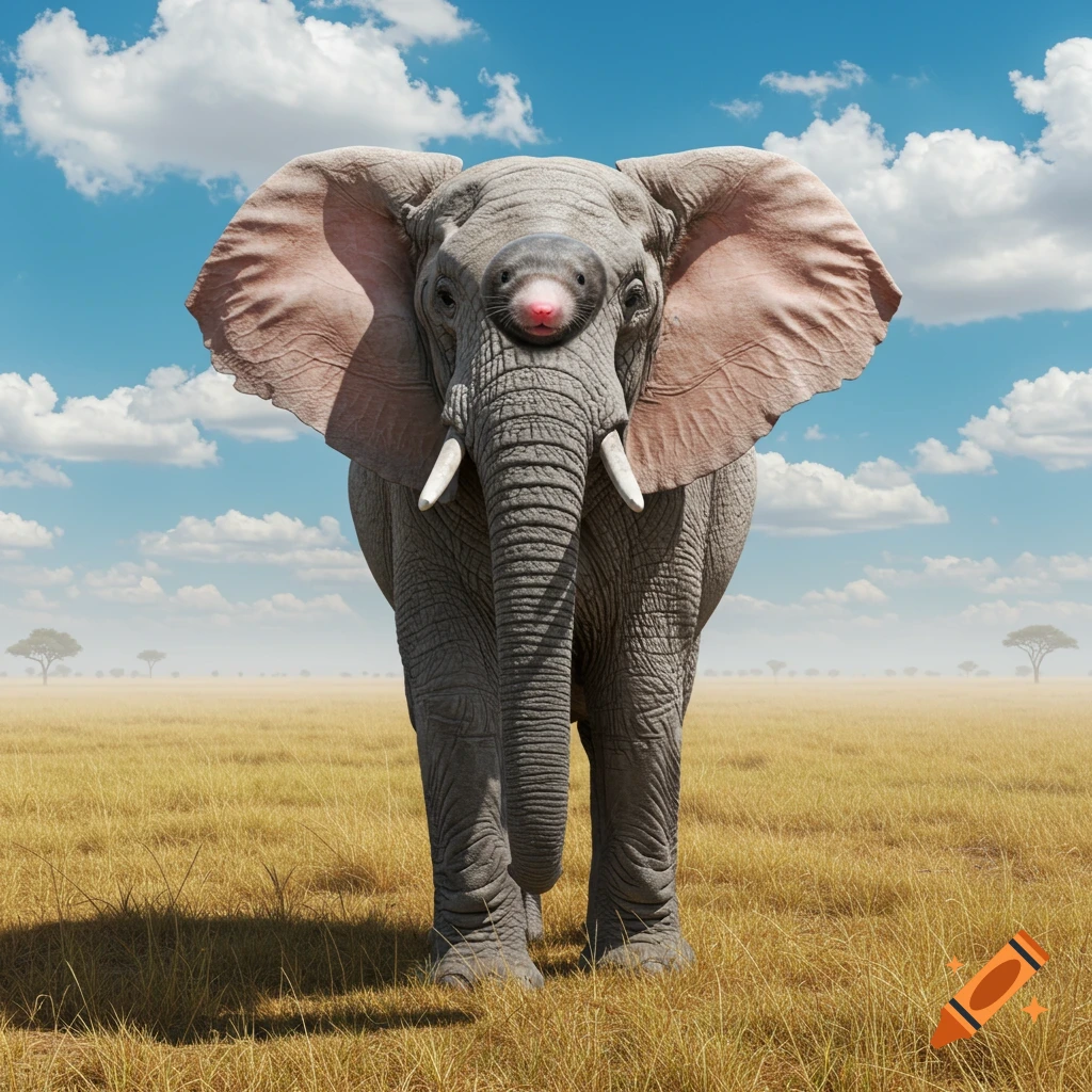 A large elephant with a naked mole-rat's head standing in a sunny savanna under a blue sky.