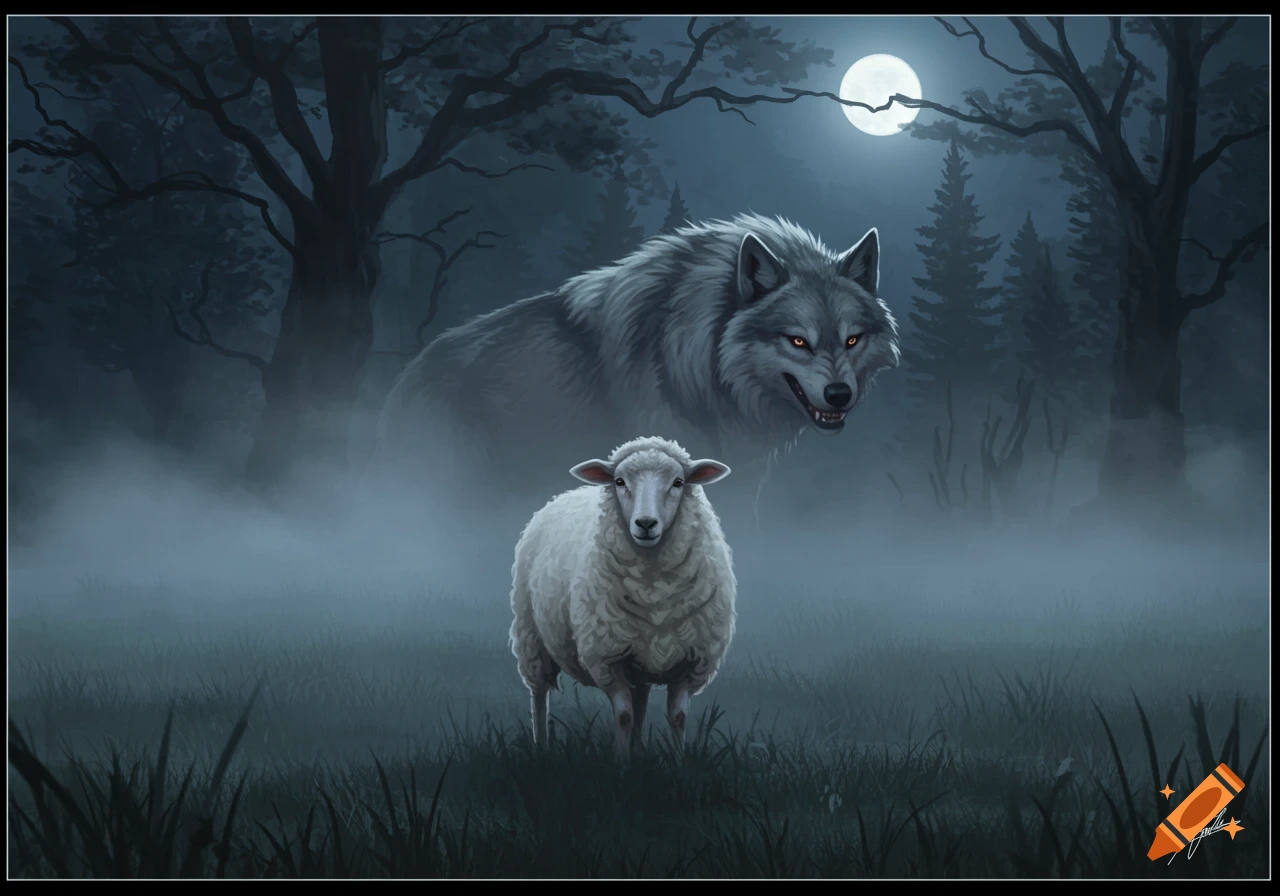 A fluffy white sheep stands in a foggy, moonlit forest, while a large, menacing gray wolf with glowing red eyes looms behind it.