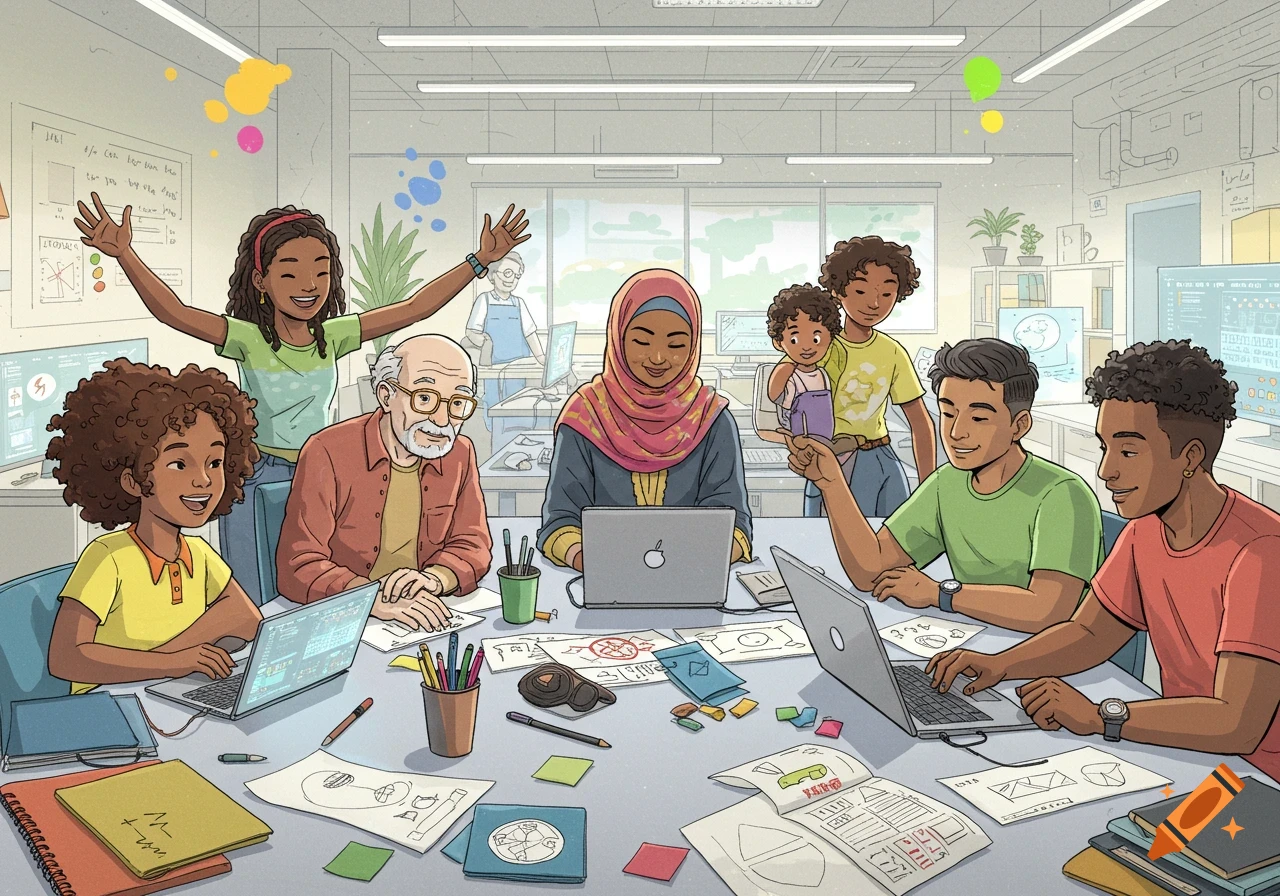 A lively, diverse group of people of varying ages and ethnicities gathered around a table in a digital makerspace, working on laptops and collaborating in a line-drawn illustration style.
