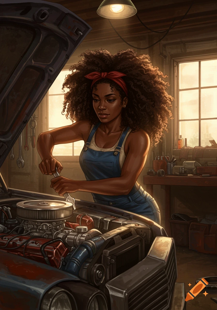 Digital painting of a Black woman with curly hair in overalls, repairing a car engine in a garage.