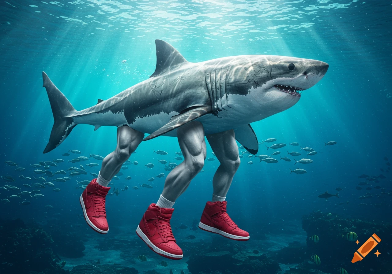 A photorealistic great white shark swims underwater, depicted with muscular human legs wearing red Nike high-top sneakers, surrounded by schools of fish.