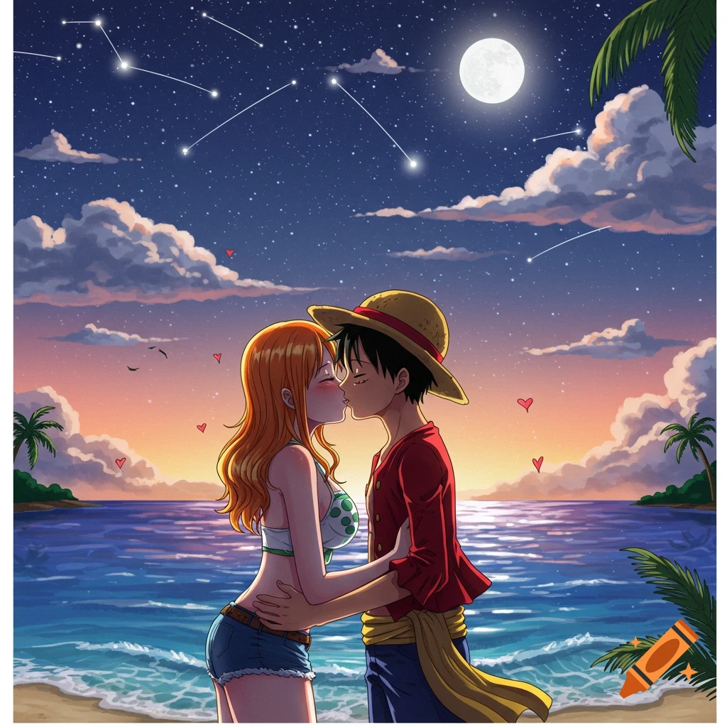 Anime characters Luffy and Nami kiss on a tropical beach at sunset under a starry night sky with a full moon.