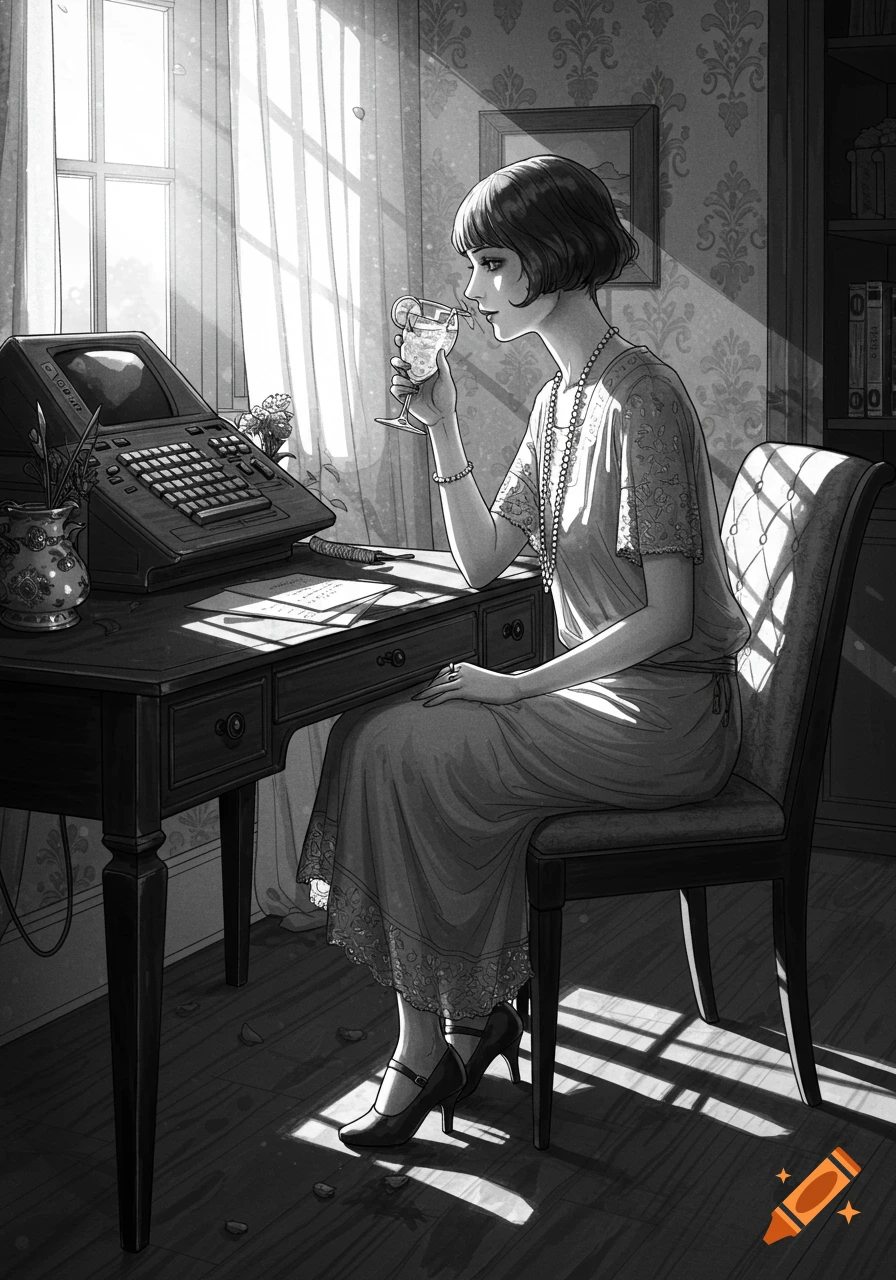 A black and white drawing of a 1920s woman sitting at a desk with a vintage computer, holding a drink in a sunlit room.