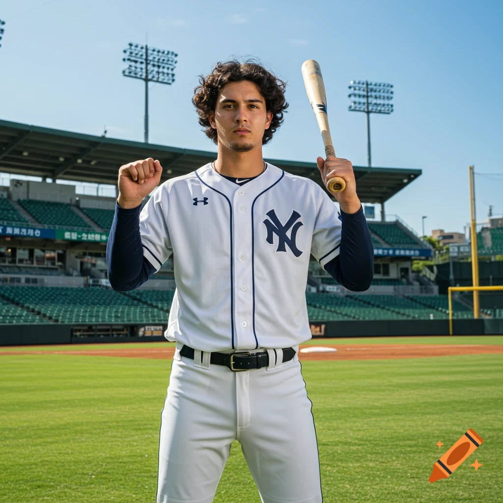 A young male baseball player in a white New York Yankees uniform holds a bat on a sunny field.