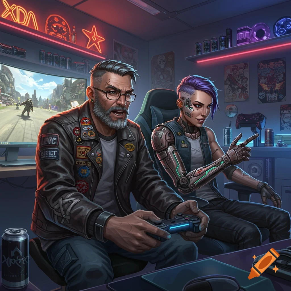 Two people, one with cybernetic arm, playing video games in a neon-lit cyberpunk room, with a city visible on the monitor.