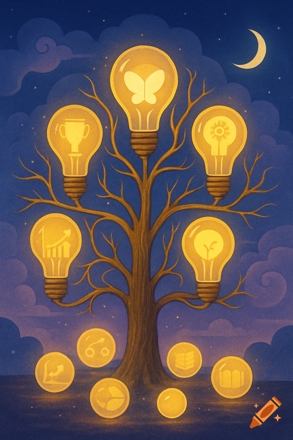 A stylized illustration of a tree with branches holding glowing lightbulbs, each containing a symbol like a butterfly, trophy, or growth chart, under a night sky with a crescent moon.
