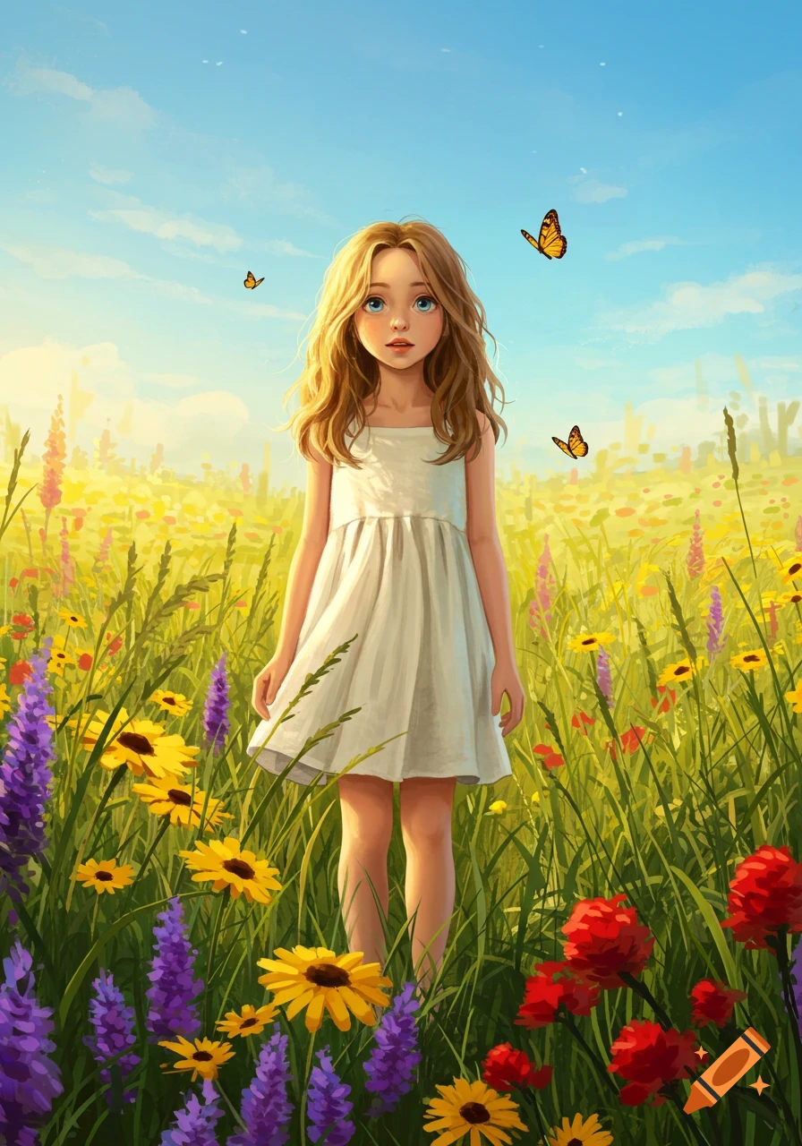 A whimsical illustration of a young girl with long blonde hair in a white dress standing in a vibrant field of colorful wildflowers under a bright blue sky with butterflies.