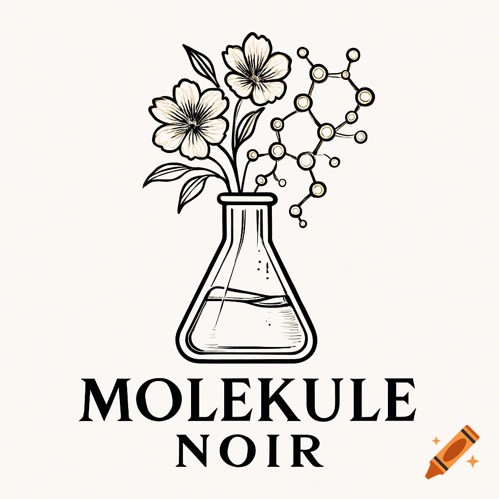 Line art logo of an Erlenmeyer flask with flowers and a molecular structure, with the words MOLEKULE NOIR below.
