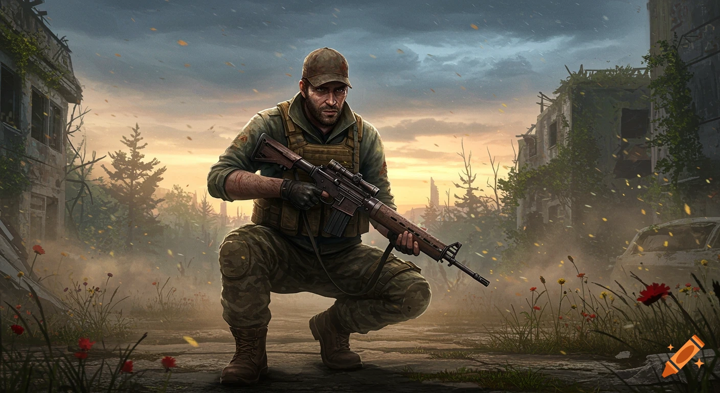 A crouching soldier in military gear holding a rifle amidst a ruined, overgrown city at sunset, in a digital painting style.