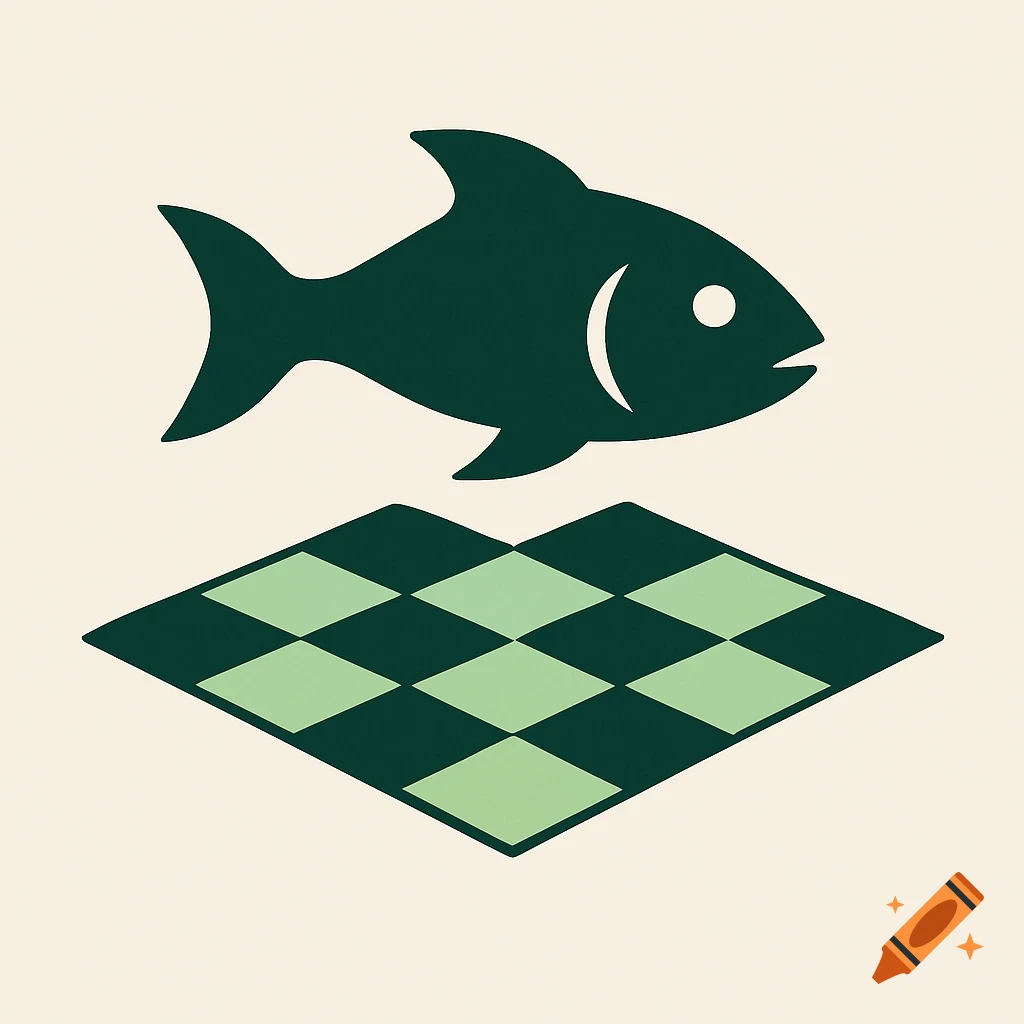 A dark green stylized fish floats above a light and dark green checkered chessboard, forming a logo.