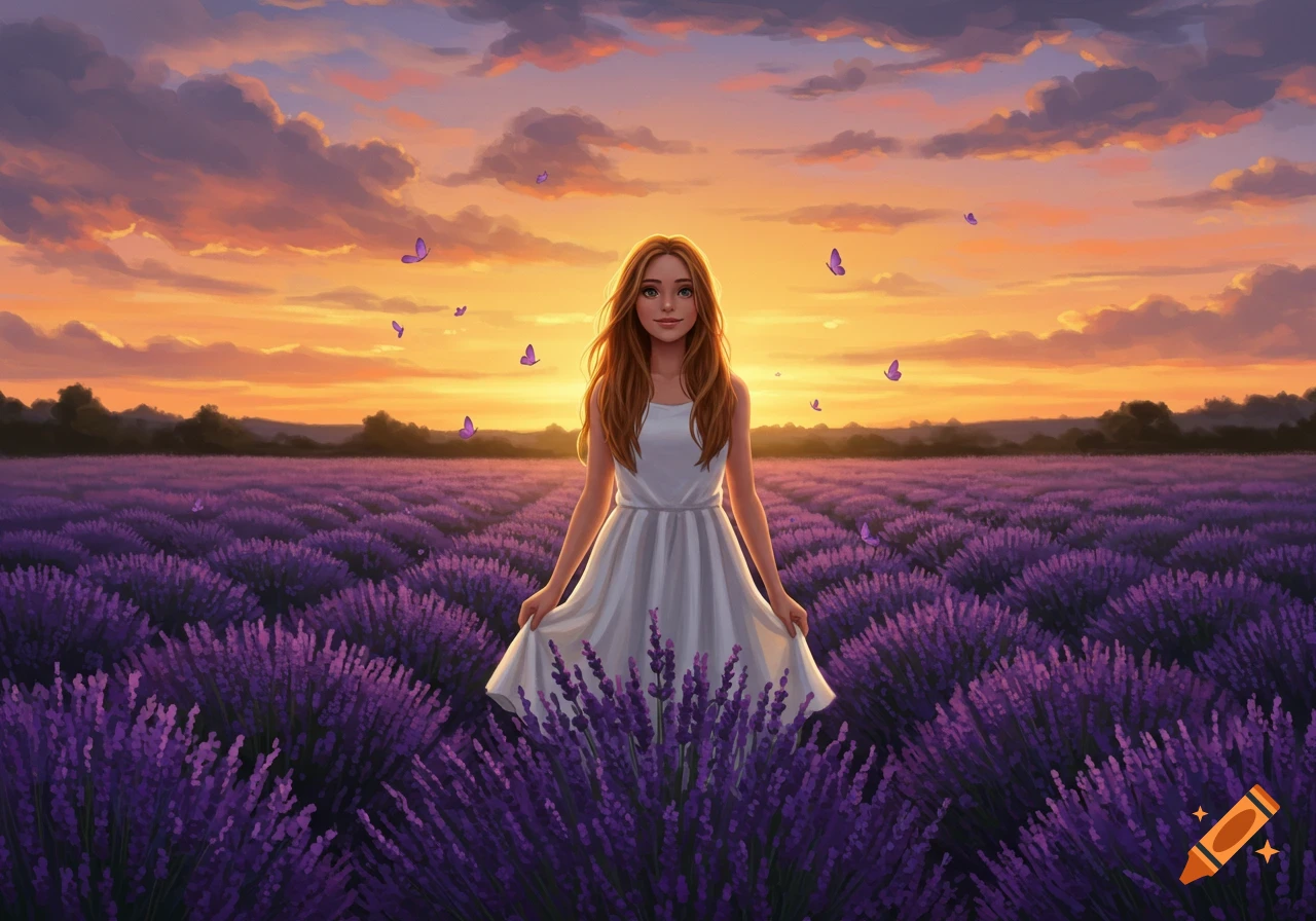 A young girl stands in a vibrant purple lavender field with butterflies flying under a colorful sunset sky, digital art.