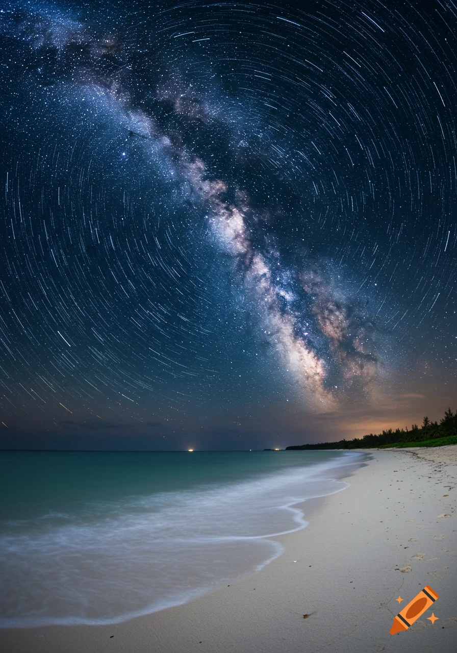 A stunning long exposure photograph of the Milky Way galaxy arching over a sandy beach with gentle waves at night, star trails visible.