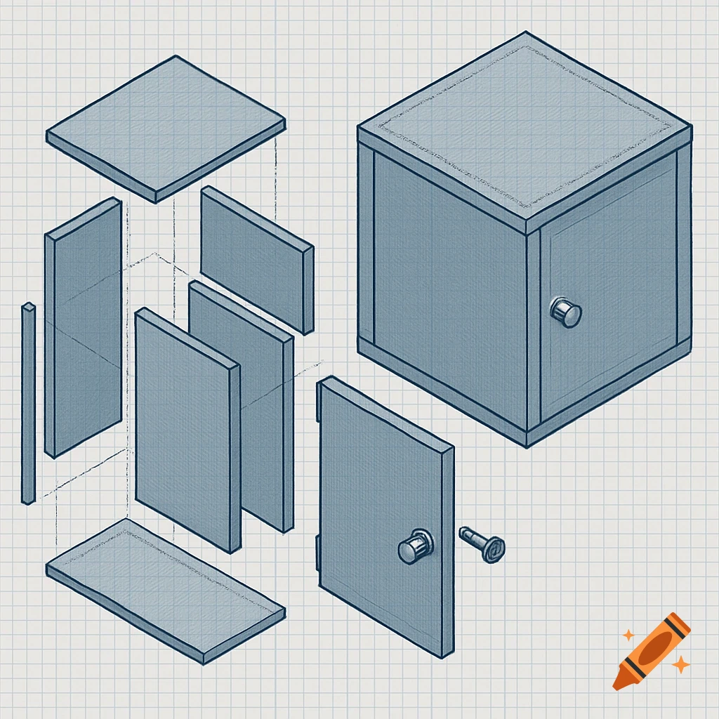 Isometric exploded diagram of a cupboard's components (walls, door, handle) on a grid paper background.