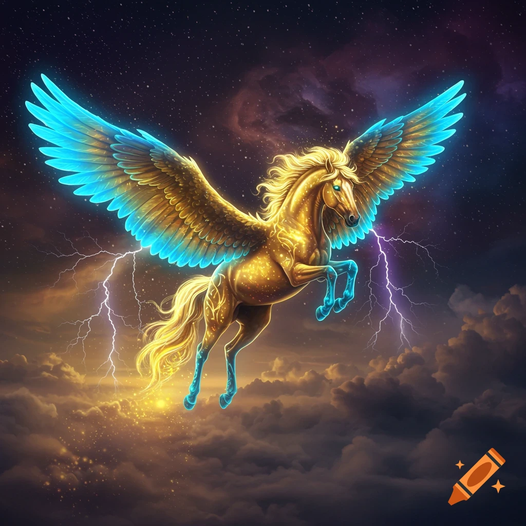 A majestic golden Pegasus with glowing blue wings and hooves flies through a stormy, starry night sky with lightning.