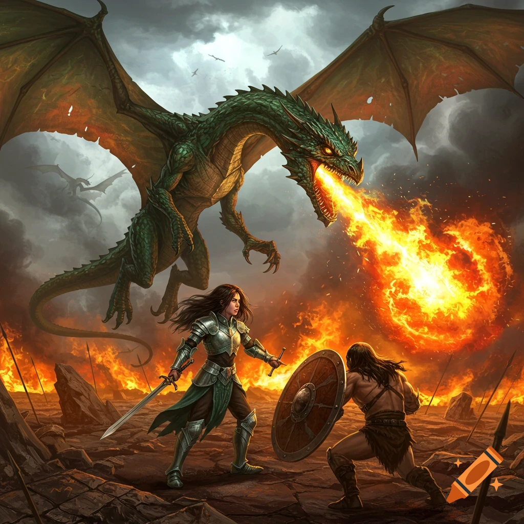 A green dragon breathes fire down at two warriors on a rocky, burning battlefield under a stormy sky, in a high-fantasy illustration style.