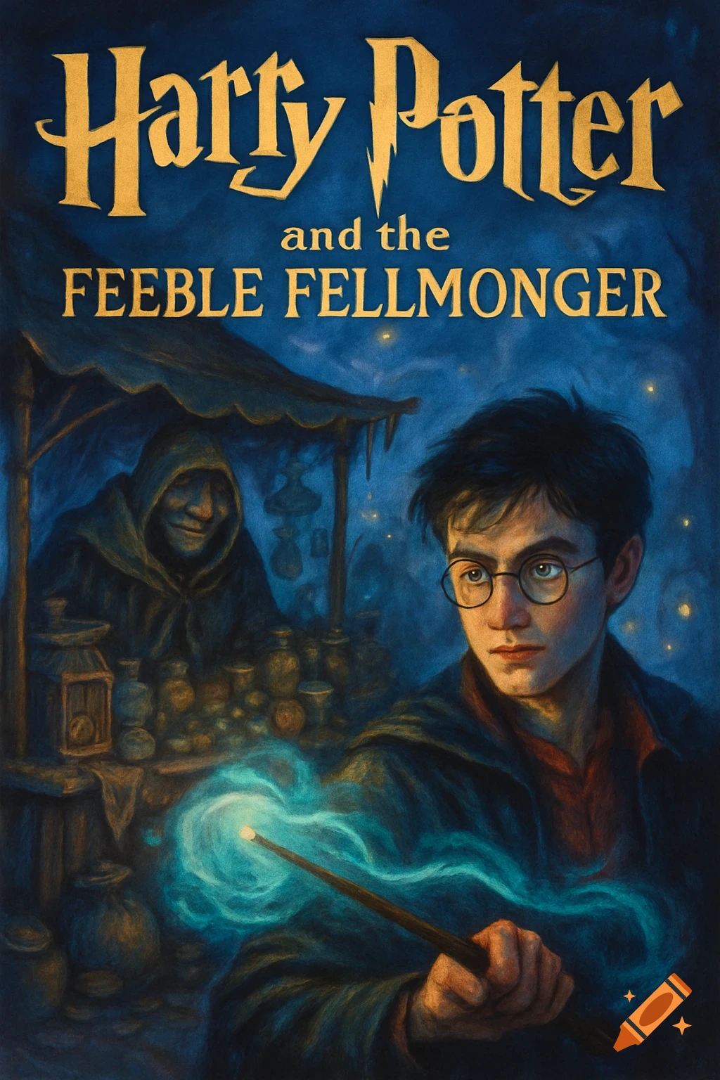 Illustrated Harry Potter book cover with Harry casting a blue spell in front of a dark market stall and a hooded figure.
