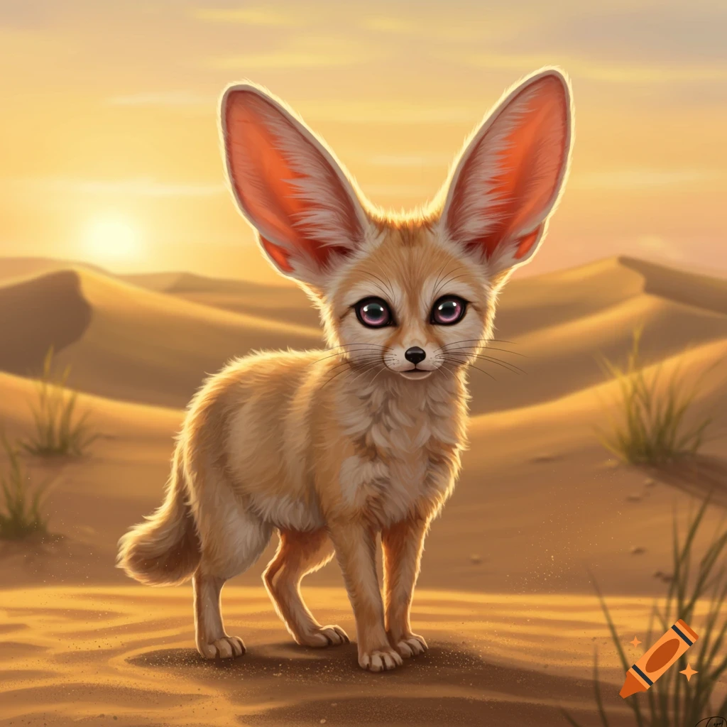 A cute fennec fox-like creature with large ears stands in a sandy desert at sunset, looking forward.