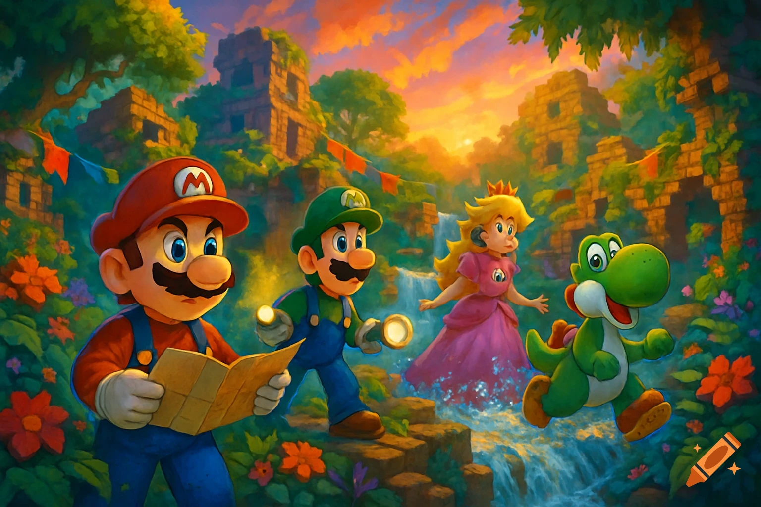 Mario, Luigi, Princess Peach, and Yoshi explore ancient ruins in a vibrant jungle landscape at sunset.