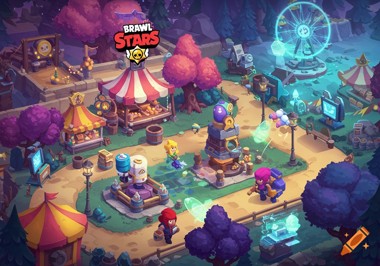 Isometric view of a vibrant, cartoonish 'Brawl Stars' themed park with game characters, market stalls, and a glowing Ferris wheel.