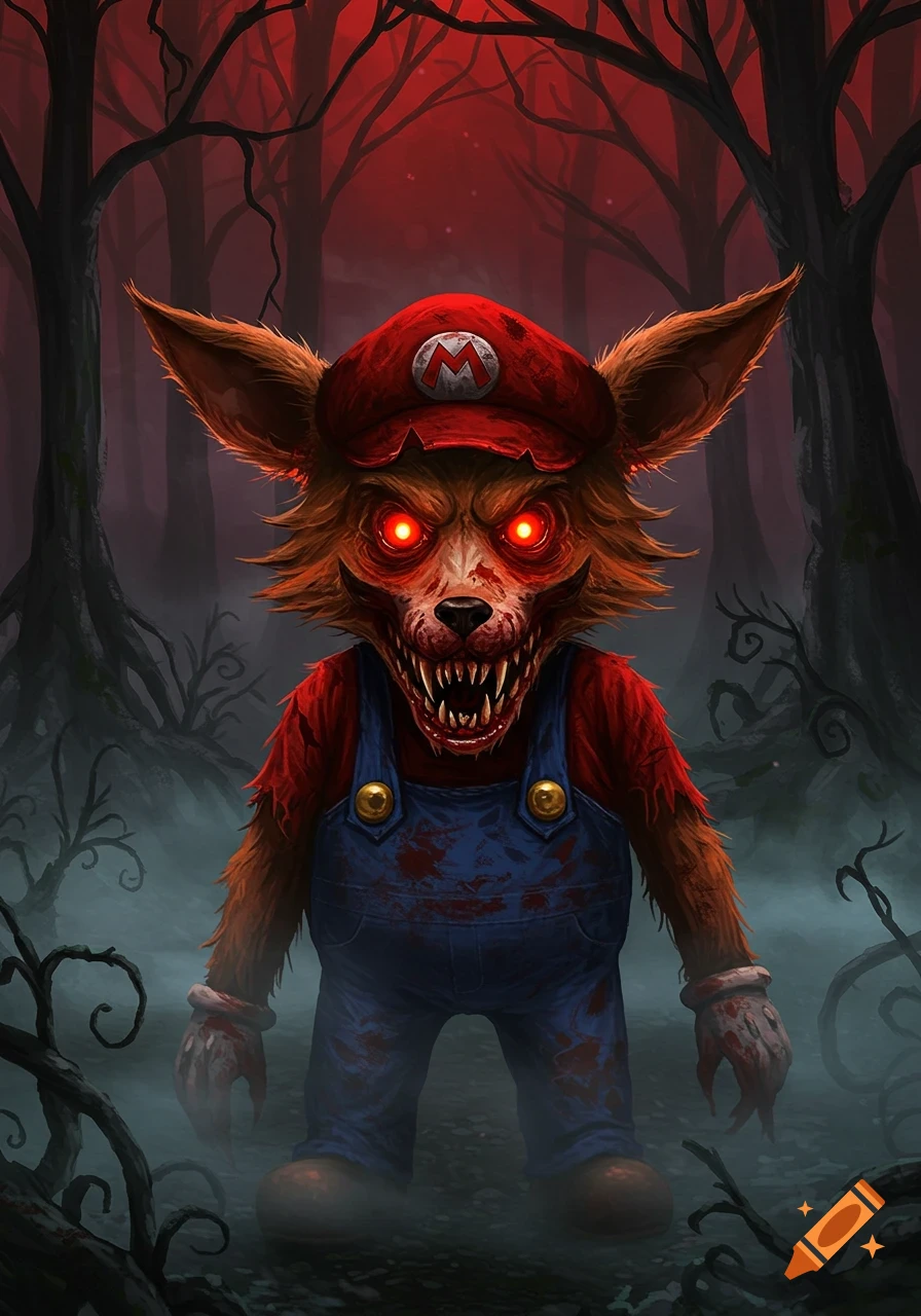 A horrifying fox-like creature resembling Mario, with glowing red eyes, sharp teeth, and blood-splattered overalls and hat, stands in a dark, misty forest.