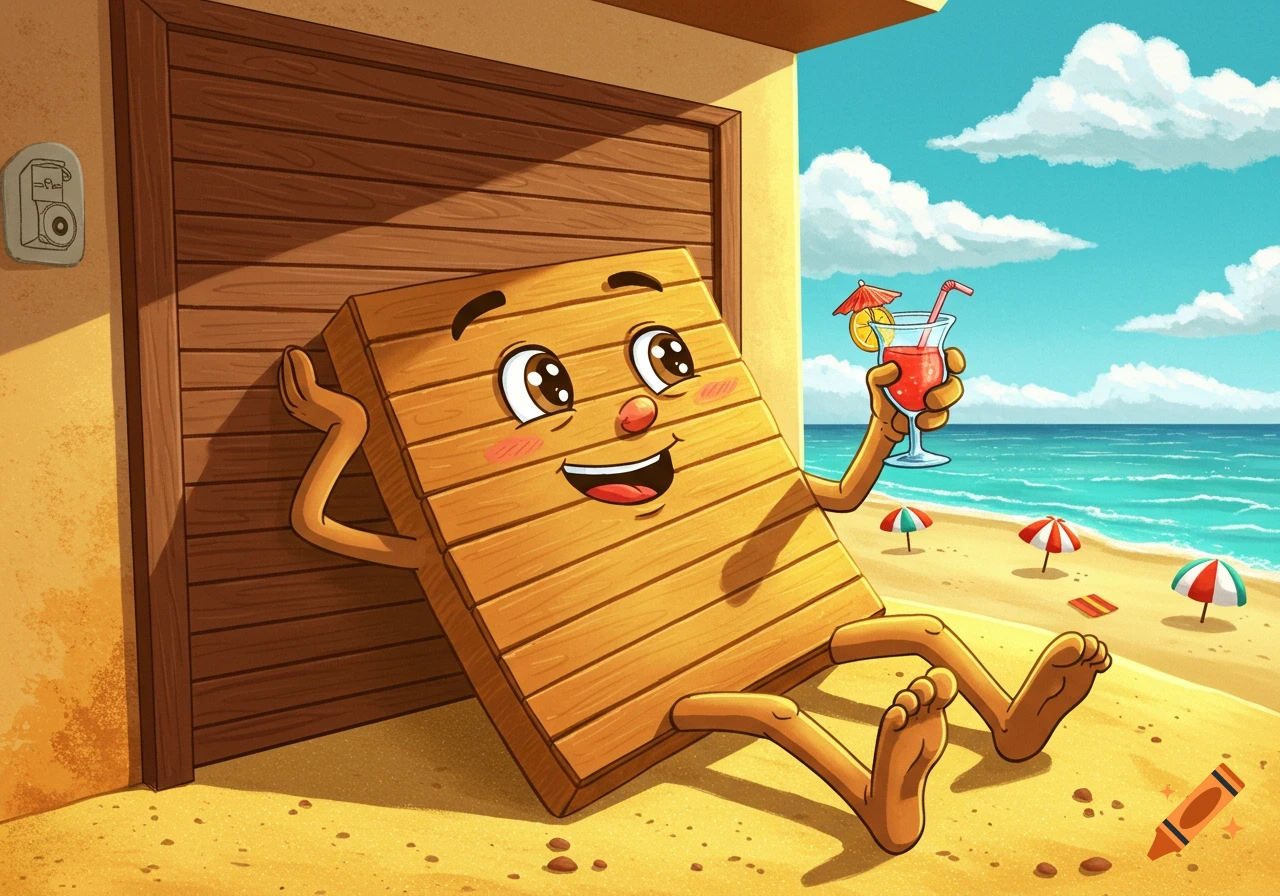 A cartoon garage door with a face and limbs relaxes on a sandy beach, holding a tropical drink. The sea and blue sky are in the background.