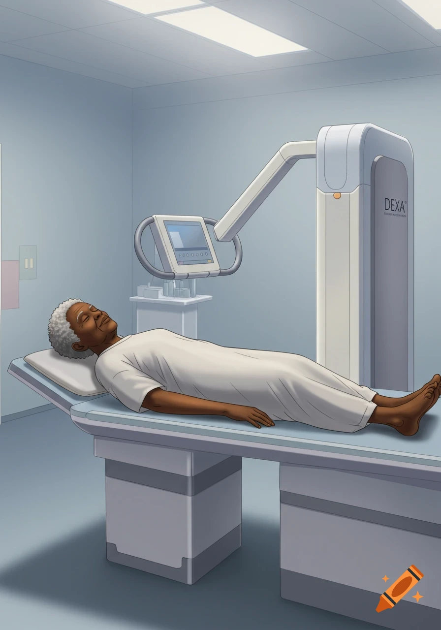 A semi-realistic cartoon shows an elderly African woman in a hospital gown lying calmly on a DEXA scan machine in a clean, modern medical room.