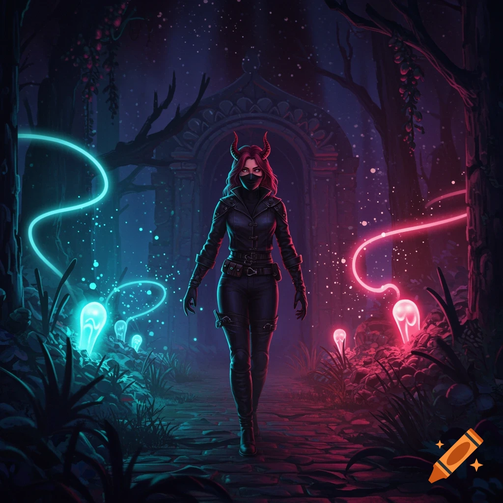 A female adventurer with red hair and devil horns walks through a dark, mysterious forest illuminated by neon blue and pink glow.