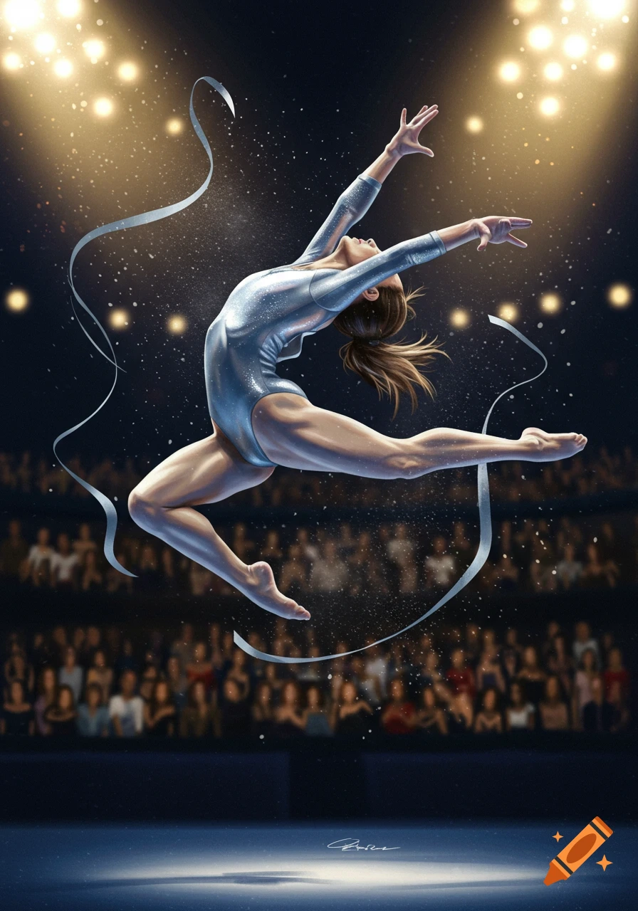 Female gymnast in a sparkling leotard leaps mid-air with a flowing ribbon in a spotlighted arena.