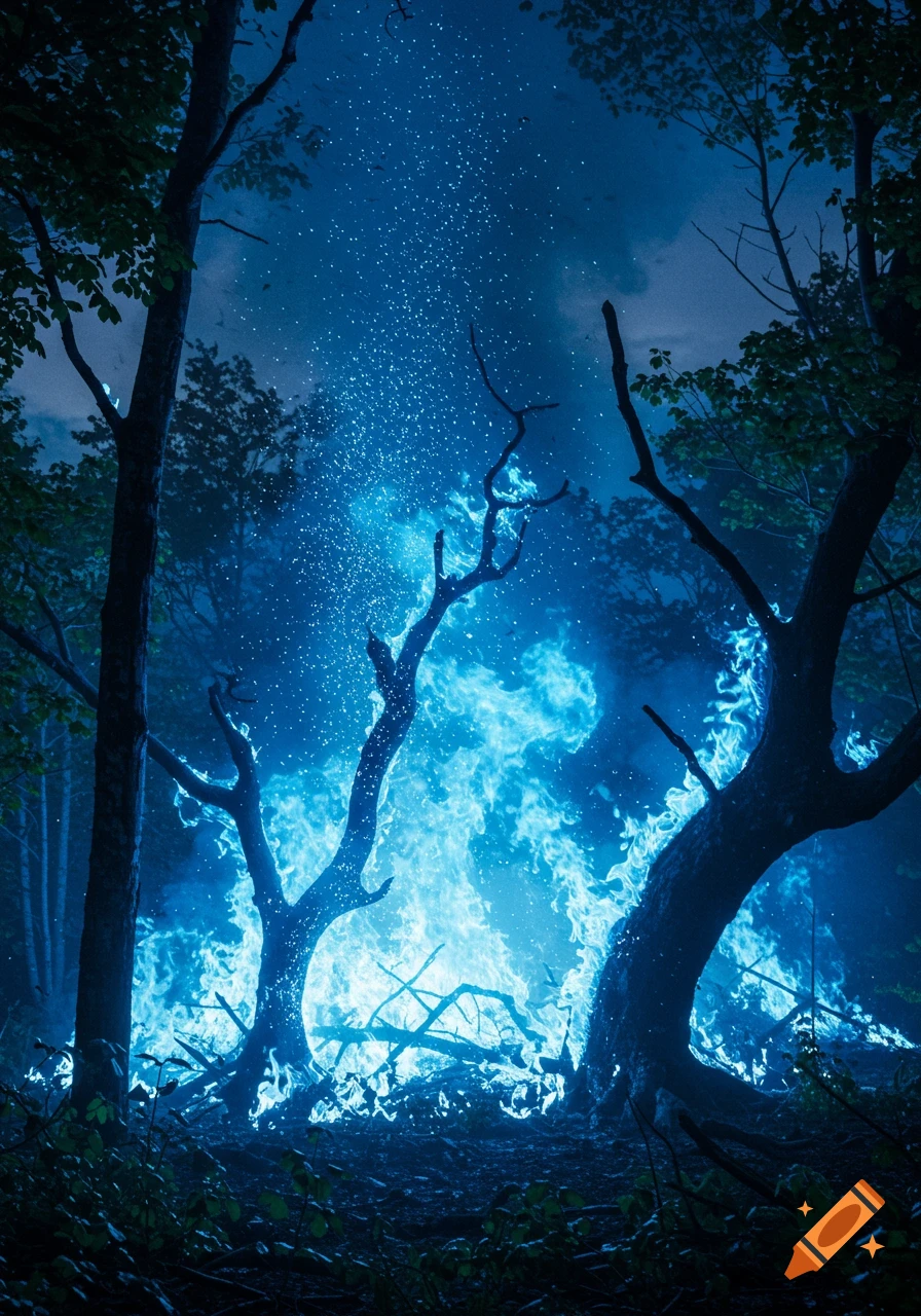 A dark forest scene with trees and undergrowth illuminated by vibrant blue flames and glowing embers.
