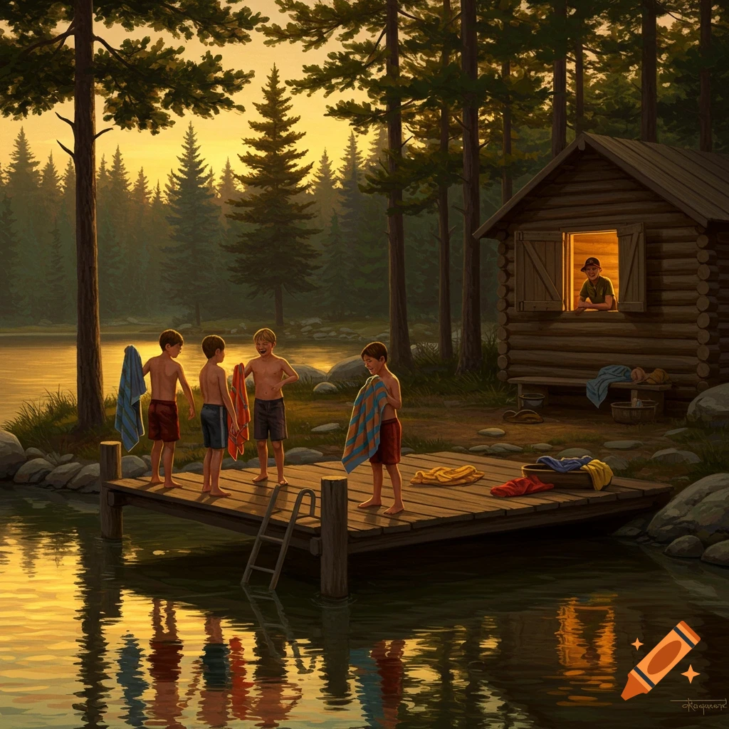 Four boys on a wooden dock by a lake at sunset, with a rustic cabin and forest. Another boy watches from the cabin window.