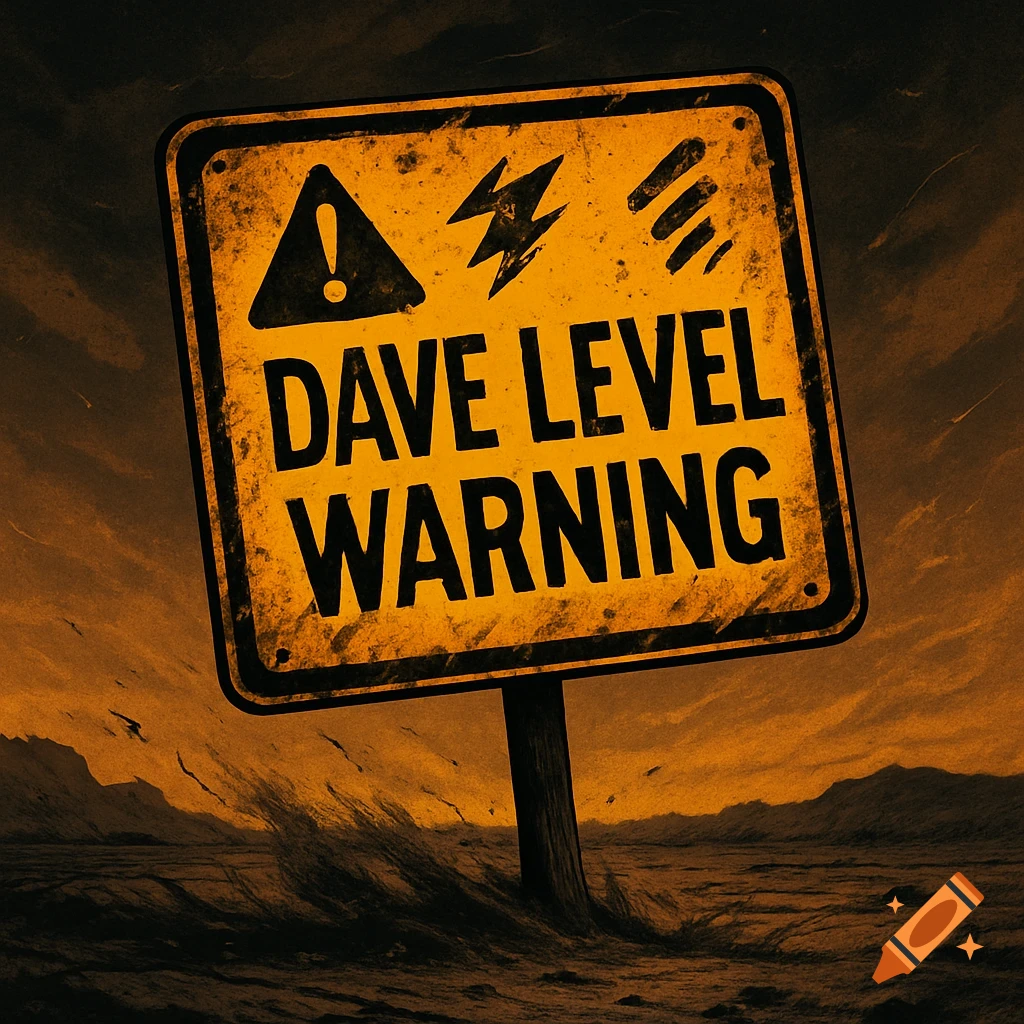 A distressed yellow warning sign reading 'DAVE LEVEL WARNING' with symbols, in a dark, desolate landscape.