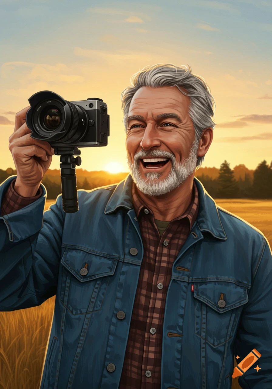 A man with a gray beard and denim jacket smiles broadly while holding up a camera with a tripod attachment at sunset in a field.