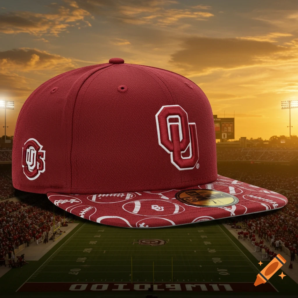 A red baseball cap with the white 'OU' logo and football patterns on the brim, in a football stadium at sunset.