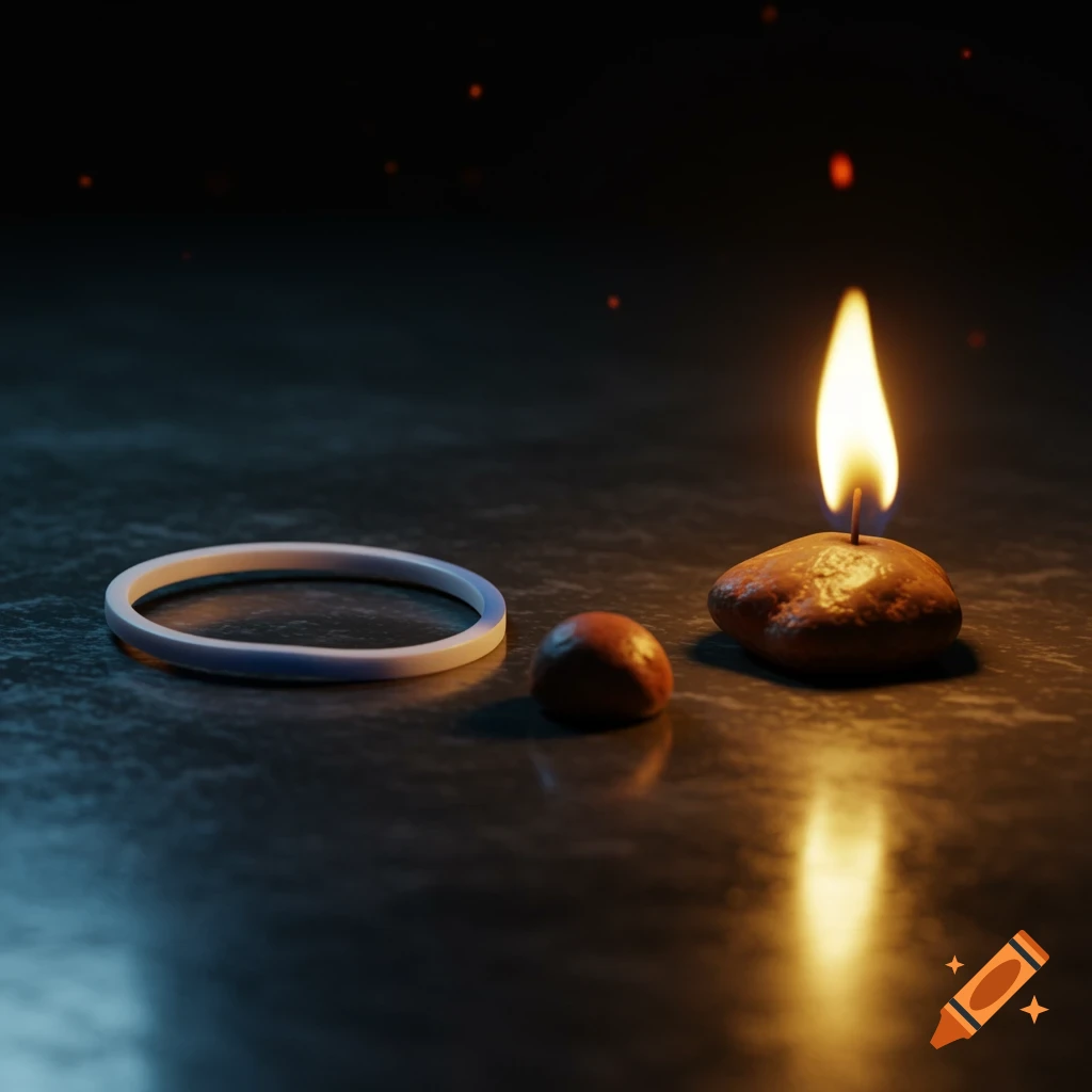 A close-up still life of a lit candle on a small rock, a smaller rock, and a white rubber band on a dark, reflective surface.