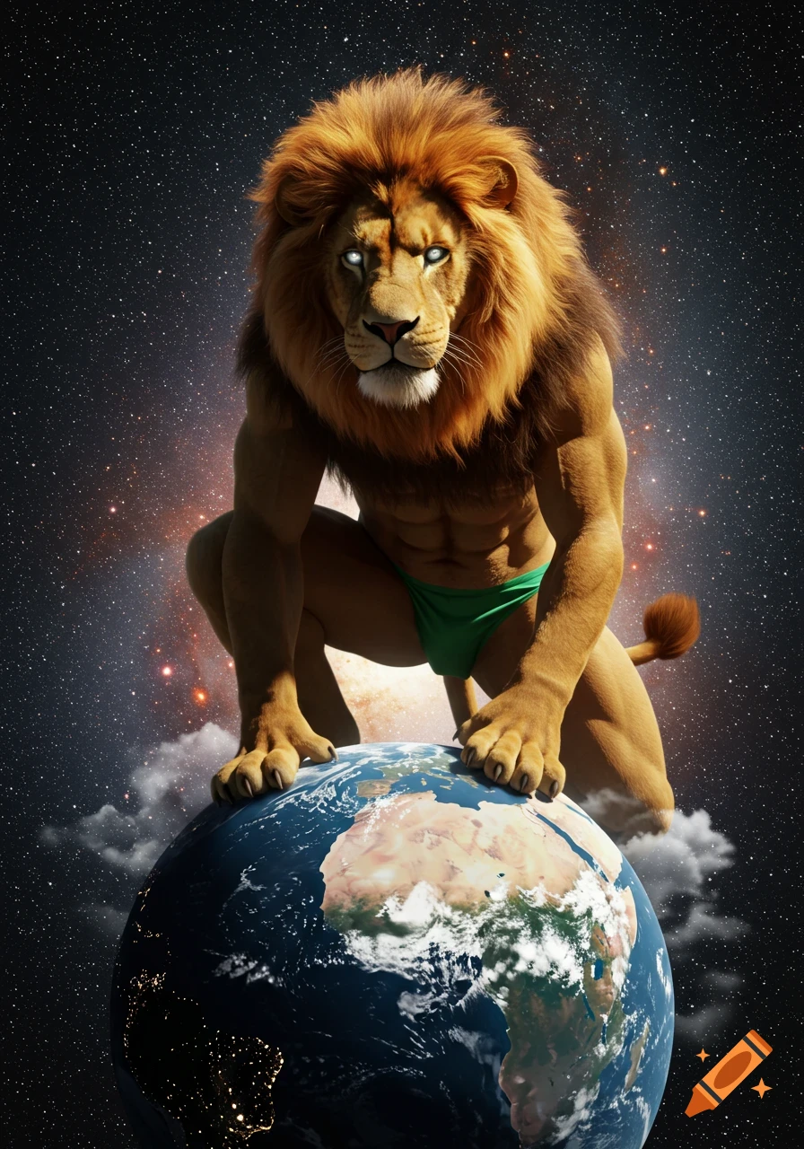 A gigantic, muscular, photorealistic anthropomorphic lion in a green speedo kneels on the Earth against a starry space background.