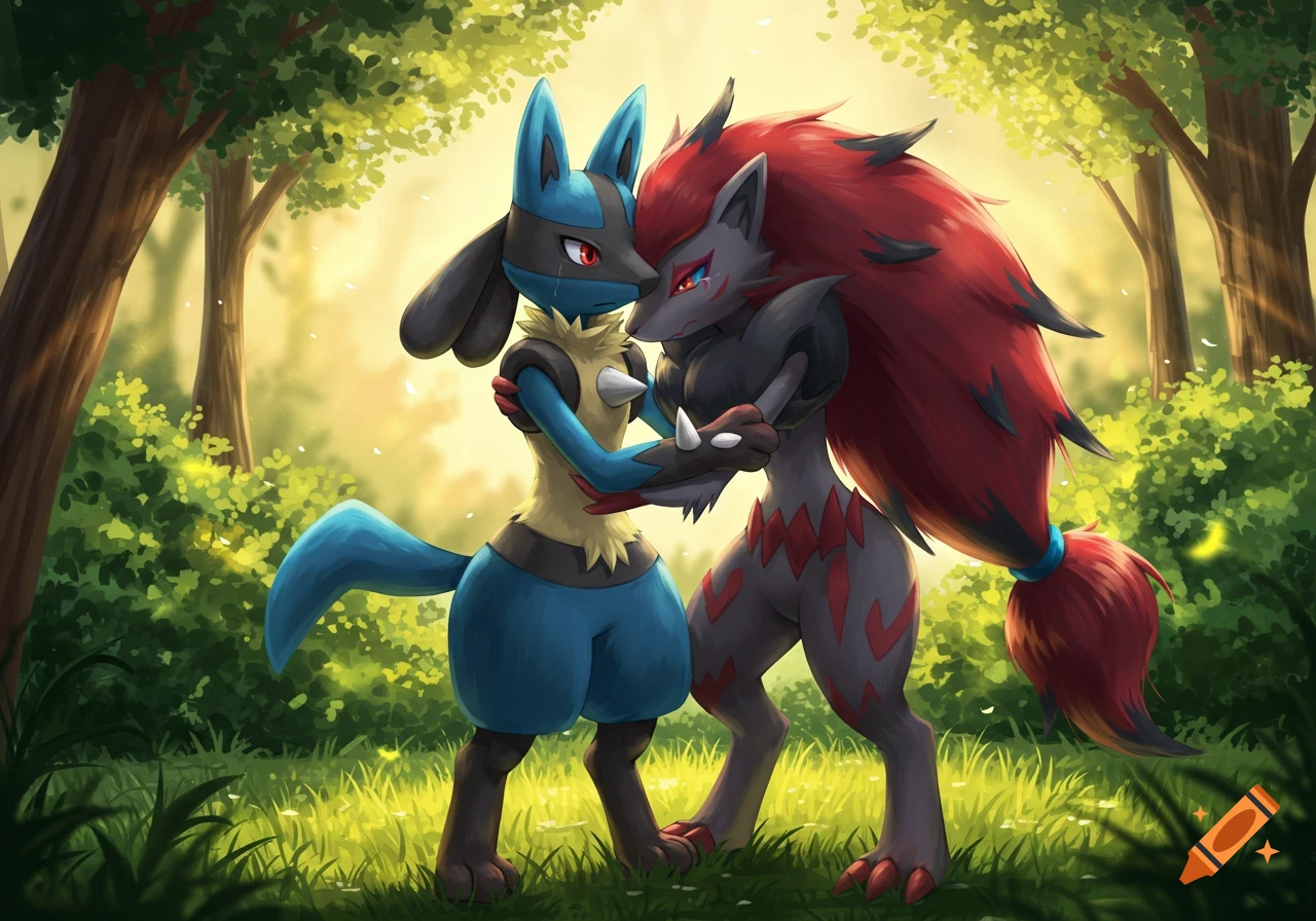 Lucario and Zoroark hugging in a sunlit forest, depicted in a vibrant digital art style.