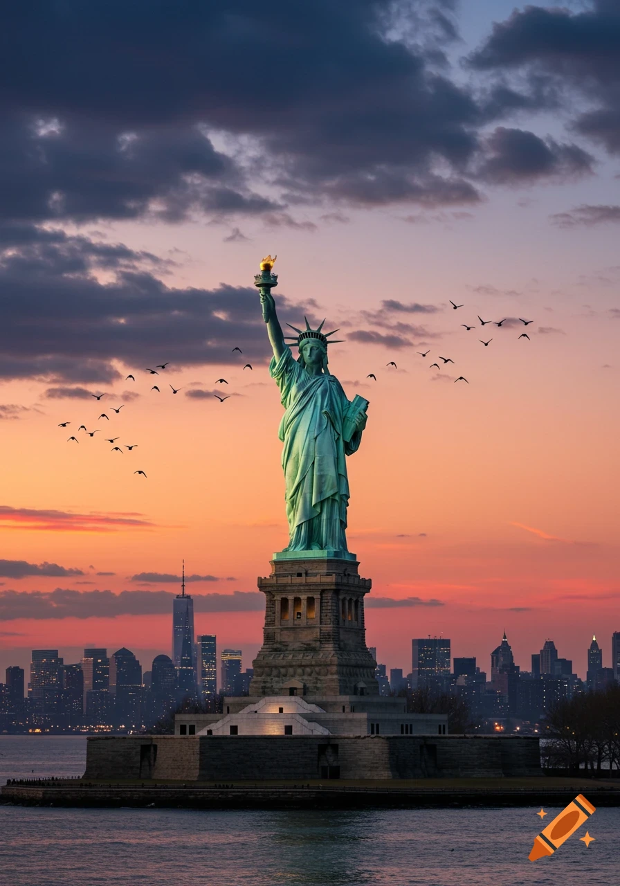 Photorealistic image of the Statue of Liberty with a torch raised, against a vibrant sunset sky and a city skyline.